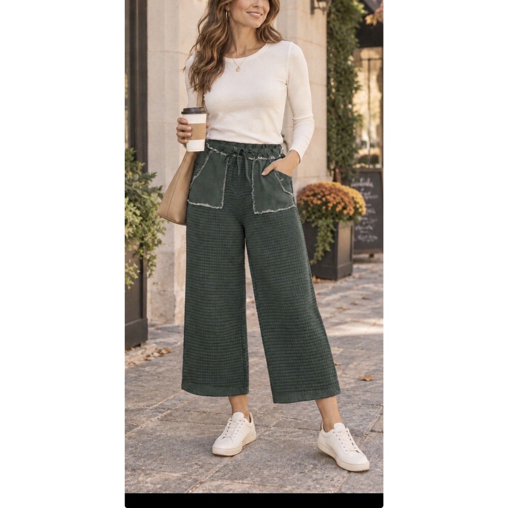 Umgee Textured Wide Leg Lounge Pants Medium Raw Seam Drawstring Green